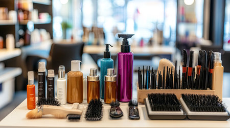 Assorted hair sprays, brushes, and clips on a neatly arranged table in a bright and modern beauty salon.の素材