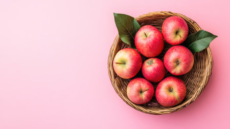 Apples in a bamboo basket placed on a pastel background, promoting their natural benefits for reducing dark circles.の素材
