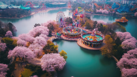 Aerial view of Lotte World Amusement Park nestled amid cherry blossoms, vibrant rides contrasting with the soft pink blooms, a perfect spring day in Seoulの素材