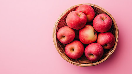 Apples in a bamboo basket placed on a pastel background, emphasizing the skincare properties of apple extract in reducing dark circles.の素材