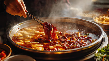 An adventurous female tourist indulging in a Chongqing hot pot experience, dipping thin slices of meat into the bubbling, spicy broth at a traditional Chinese restaurantの素材