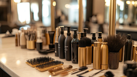 Assorted hair sprays, brushes, and salon accessories laid out on a table in a stylish beauty salon, with mirrors in the background.の素材