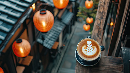 An aerial shot of a cappuccino with stunning latte art, set against a backdrop of Kyoto's famous wooden architecture and paper lanternsの素材