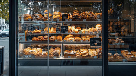 Bakery glass showcase viewed from outside, filled with an enticing variety of freshly baked bread, rolls, and cookies, perfectly arranged to draw in customersの素材
