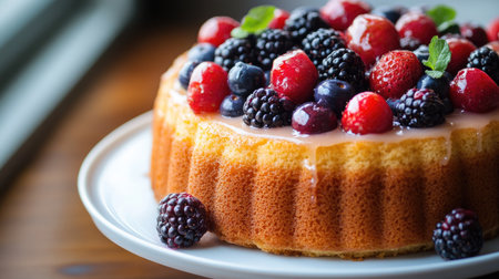 Butter vanilla cake topped with a smooth glaze and fresh berries, presented as a breakfast option. A simple and delicious way to begin the day.の素材