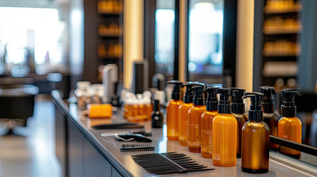 Assortment of hair sprays, combs, and clips on a sleek table in a beauty salon, with mirrors and styling tools in the background.の素材