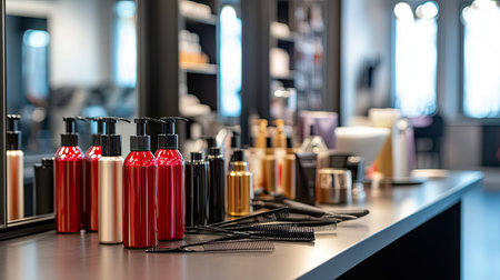 Assortment of hair sprays, combs, and clips on a sleek table in a beauty salon, with mirrors and styling tools in the background.の素材
