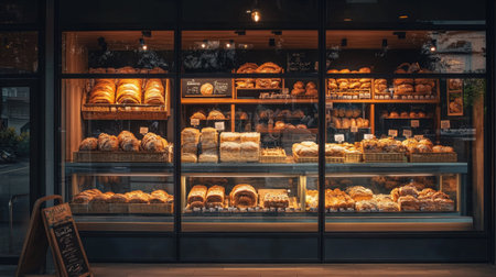 Bakery glass showcase filled with freshly baked goods, including bread, rolls, and cookies, seen from the outside, inviting customers with its mouth-watering displayの素材