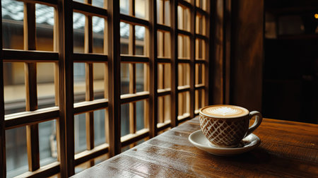 Cappuccino with intricate latte art in a traditional Kyoto cafae, natural light streaming through wooden lattice windows, adding warmth and charmの素材