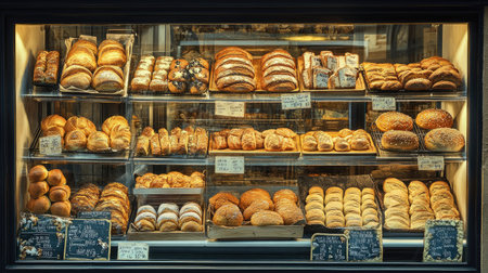 Bakery glass showcase seen from outside, packed with an array of freshly baked bread, rolls, and cookies, perfectly arranged to catch the eye of passersbyの素材