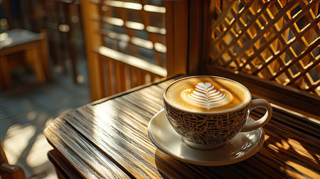 Cappuccino with intricate latte art in a traditional Kyoto cafae, natural light streaming through wooden lattice windows, adding warmth and charmの素材