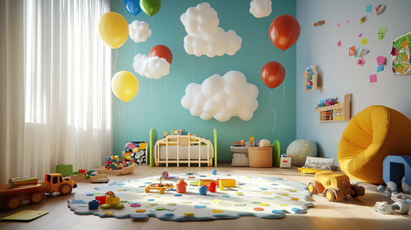 Bright and cheerful children's room with floating balloons, paper clouds, and an assortment of toys spread across the floor, creating a playful and welcoming environment.の素材