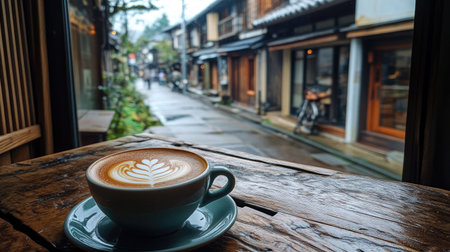 Cappuccino with leaf latte art on a rustic wooden table, with a view of Kyotoaes streets through a cafae window, bustling with localsの素材