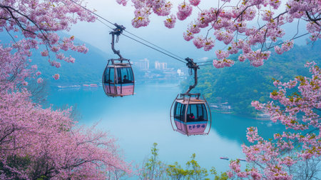 Cable cars gliding above blooming cherry blossoms, connecting Sun Moon Lake to the cultural treasures of Formosan Aboriginal Culture Village in Nantou Countyの素材