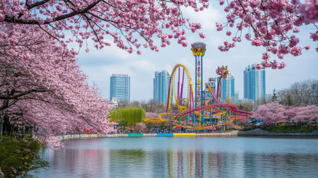 Cherry blossoms in full bloom along Seokchon Lake, with Lotte Worldaes colorful roller coasters peeking through the flowers, a bustling spring scene in Seoulの素材