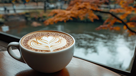 Cappuccino with creative latte art design, placed on a table beside a window overlooking Kyotoaes scenic Kamo River during autumnの素材