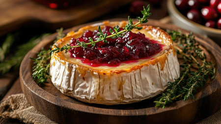 Camembert cheese baked in the oven with a golden crust, topped with cranberry sauce and fresh herbs, on a rustic wooden serving trayの素材