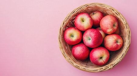 Bamboo basket with fresh apples on a pastel-colored background, emphasizing the dark circle-reducing properties of apple extract.の素材