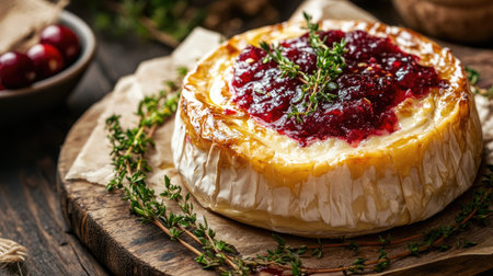 Camembert cheese baked in the oven with a golden crust, topped with cranberry sauce and fresh herbs, on a rustic wooden serving trayの素材