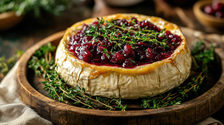Camembert cheese baked in the oven with a golden crust, topped with cranberry sauce and fresh herbs, on a rustic wooden serving trayの素材