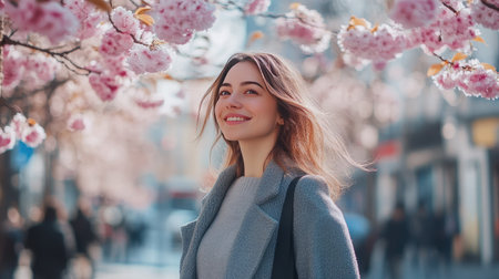 Cherry blossoms in full bloom frame a city street as a woman in a stylish gray outfit strolls by, smiling and enjoying the peaceful urban spring atmosphereの素材