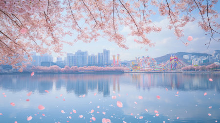 Cherry blossom petals drifting across Seokchon Lake, with reflections of Lotte Worldaes attractions on the water, a tranquil yet lively spring day in Seoulの素材