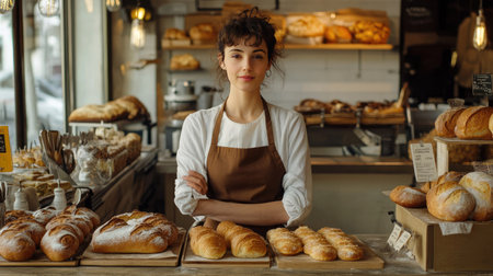 Beautiful woman baker in an apron, standing behind the counter of a bakery shop, with freshly baked bread and pastries displayed around herの素材