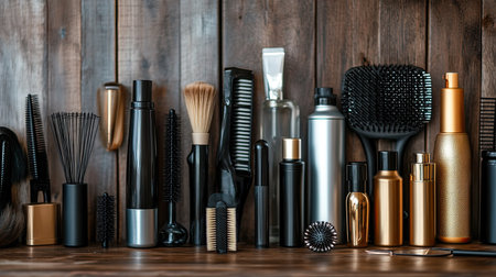 Beauty salon table with various hair sprays, combs, and accessories arranged for a professional styling session.の素材