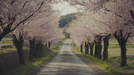 Captivating view of a narrow country road under a canopy of sakura trees in full bloom, creating a natural archway in Joetsu Cityaes countrysideの素材