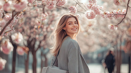 Cherry blossoms in full bloom frame a city street as a woman in a stylish gray outfit strolls by, smiling and enjoying the peaceful urban spring atmosphereの素材