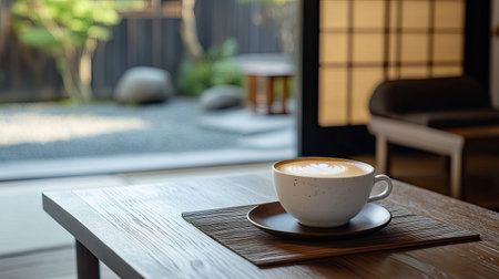 Cappuccino in a handcrafted ceramic cup with latte art, displayed on a minimalist wooden table, surrounded by Japanese zen decor in Kyotoの素材