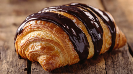 Close-up of a New York Roll croissant, round and golden-brown, filled with rich chocolate cream, covered with glossy dark chocolate glaze, on a rustic wooden tableの素材