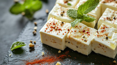 Close-up of feta cheese slices, artfully arranged on a stone surface with fresh mint leaves and a touch of paprika, perfect for a gourmet breakfast lookの素材