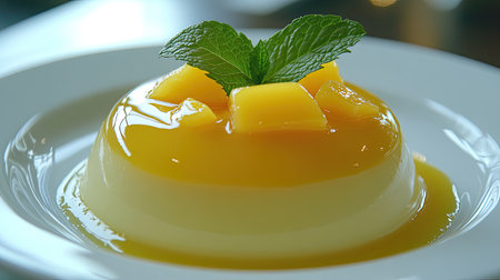 Close-up of a creamy mango pudding with a shiny layer of mango jelly, served on a white plate and garnished with mint leaves for a refreshing finishの素材