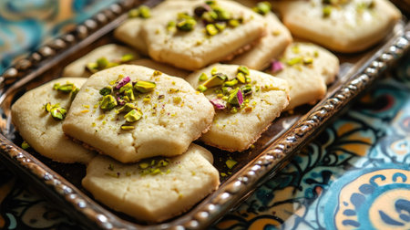 Close-up of a delicate tray of Ghraybeh, Arabic butter cookies topped with pistachios, on a ceramic dish with an elegant and ornate patterned backgroundの素材