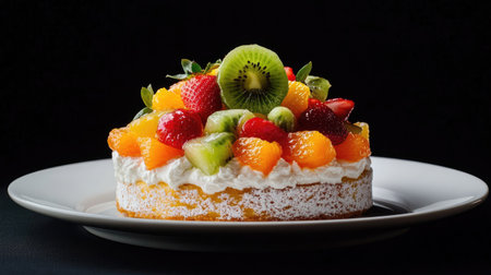 Coconut cake with a topping of colorful seasonal fruits like orange, strawberry, and kiwi, on a white plate, captured against a dark black backgroundの素材