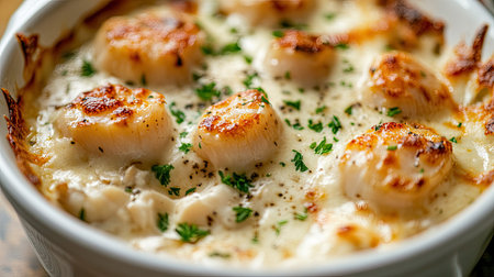 Close-up of a scallop cream gratin bubbling with a creamy sauce and melted cheese, served in a white dish with a sprinkle of fresh parsley, a perfect seafood delightの素材