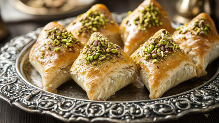 Close-up of freshly prepared Atayef filled with sweet cheese and topped with crushed pistachios, arranged on a silver tray with traditional Arabic patternsの素材