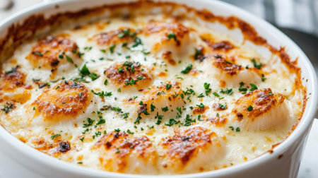 Close-up of a scallop cream gratin in a white dish, featuring a crispy cheese topping and rich, creamy sauce, garnished with fresh parsley for a classic seafood dishの素材