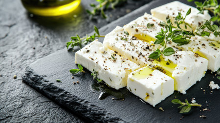 Close-up of sliced feta cheese with a sprinkle of fresh herbs and a drizzle of olive oil on a dark stone background, creating a rustic breakfast settingの素材