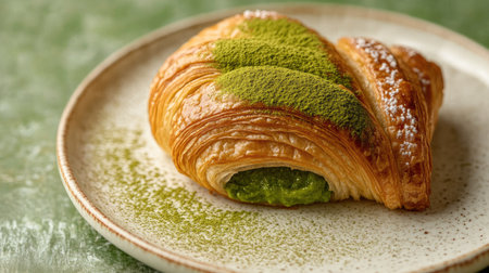 Close-up of a matcha cromboloni, a croissant hybrid with a flaky exterior and a creamy matcha filling, placed on a white plate with a textured green backgroundの素材
