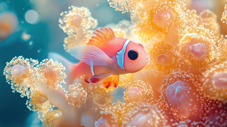 Close-up of a Nemo fish nestled among soft coral polyps, showcasing the delicate balance of marine life and the vibrant beauty of the coral reef ecosystemの素材