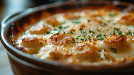 Close-up of a scallop cream gratin with bubbling cheese and a creamy, rich sauce, served in a rustic baking dish, highlighting a comforting seafood favoriteの素材