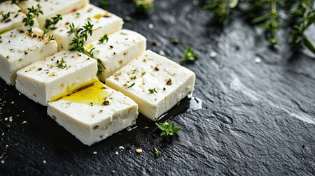 Close-up of sliced feta cheese with a sprinkle of fresh herbs and a drizzle of olive oil on a dark stone background, creating a rustic breakfast settingの素材