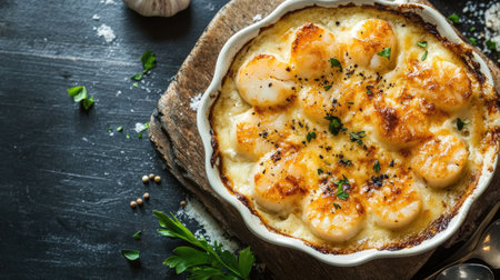 Create 15 prompts for stock photos related to Scallop cream gratin with 100-250 characters and ending withの素材