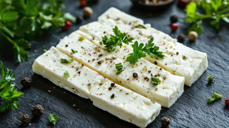 Close-up of feta cheese slices arranged neatly on a stone background, garnished with a mix of fresh herbs and black pepper, emphasizing a fresh breakfast feelの素材
