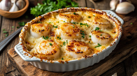 Create 15 prompts for stock photos related to Scallop cream gratin with 100-250 characters and ending withの素材