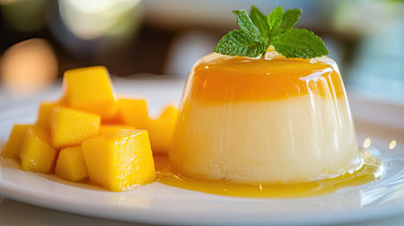 Elegant presentation of mango pudding with a golden jelly layer, served on a white plate with a sprig of mint and fresh mango cubes, a sweet tropical dessertの素材