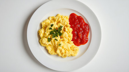Flat lay of scrambled eggs topped with tomato sauce on a white plate, isolated on a clean white background, capturing the essence of a classic, satisfying meal,の素材