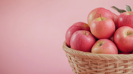 Fresh apples in a bamboo basket on a pastel-colored background, with a focus on their extract's ability to reduce dark circles.の素材